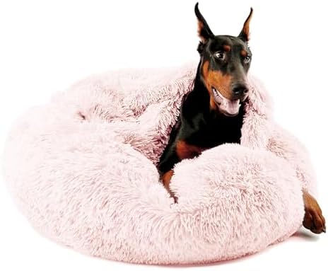Himax 35in Covered Large Dog Bed with Blanket Attached Calming Burrow Pink