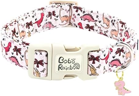 Dog Collar-Pink Dinosaur Print Adjustable Pet Collars Cute Soft Comfortable Cotton Puppy Collar Durable Gift for Small Dogs
