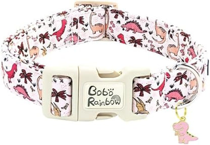 Dog Collar-Pink Dinosaur Print Adjustable Pet Collars Cute Soft Comfortable Cotton Puppy Collar Durable Gift for Small Dogs