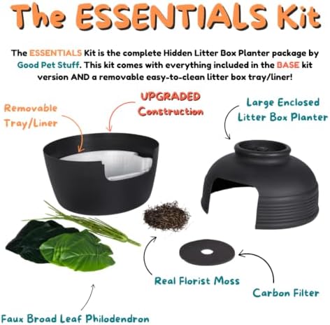 Good Pet Stuff Original Hidden Litter Box Planter, Decorative Cat Litter Enclosure, Carbon Filter, Faux Plant, Round Design, Easy Clean Litter Tray, Essentials Kit, Broad Leaf Plant, Charcoal Black
