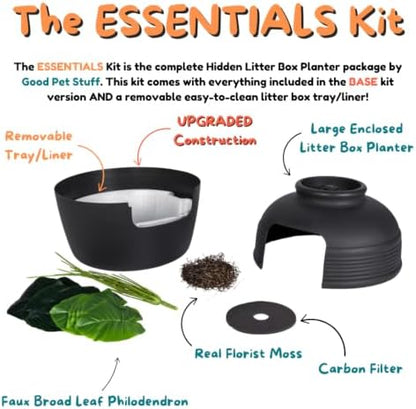 Good Pet Stuff Original Hidden Litter Box Planter, Decorative Cat Litter Enclosure, Carbon Filter, Faux Plant, Round Design, Easy Clean Litter Tray, Essentials Kit, Broad Leaf Plant, Charcoal Black