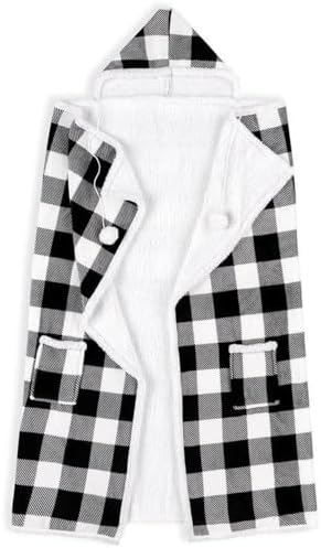 Premium Wearable Hooded Blanket for Adult Women and Men 71"x51" - Super Soft, Lightweight, Microplush, Cozy and Functional Throw Blanket Buffalo Plaid White/Black