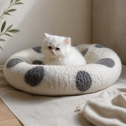 Cat Cave Bed - Gray White Handmade Felted Wool, Large Covered Cozy Cocoon, Indoor Hideaway Igloo House, Also Perfect Kitten Gift, By Earthtone Solutions (Cozy Pueblo)