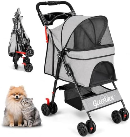 Dog Stroller, Pet Stroller with 4 Wheels, Foldable Dog Strollers for Small Medium Dogs & Cats, Cat Stroller with Storage Basket, Breathable Mesh, 360° Wheels & Rear Brakes Grey