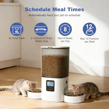 Automatic Cat Feeder, 6L Cat Food Dispenser with 10s Voice Recorder, Pet Feeder up to 8 Meals per Day, Timed Feeder with Dry Food Sealed Ring (White-D-Basic)