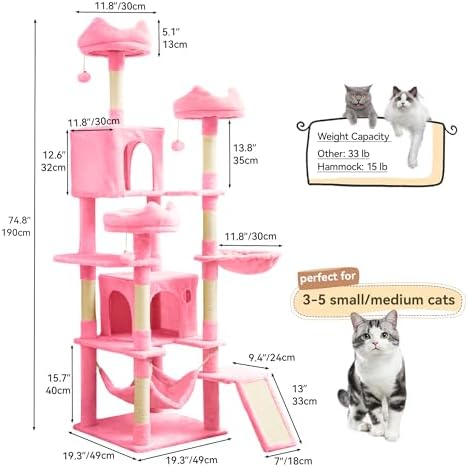 YITAHOME Tall Cat Tree for Indoor Cats, 75 inch Multi-Level Cat Tower with Cat Condos, Top Perches, Sisal Ramp Scratching Posts, Cozy Basket, Hammocks, Large Cat Pet Activity Structure,Pink