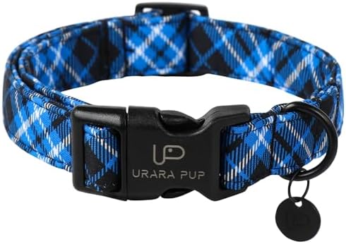 Dog Collar, Autumn Cotton Collar for Puppy Girl Dog or Cat, Holiday Blue Plaid Collar with Lightweight Plastic Buckle, Adorable Pet Collar