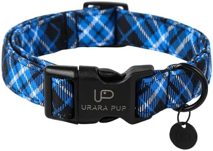 Dog Collar, Autumn Cotton Collar for Puppy Girl Dog or Cat, Holiday Blue Plaid Collar with Lightweight Plastic Buckle, Adorable Pet Collar