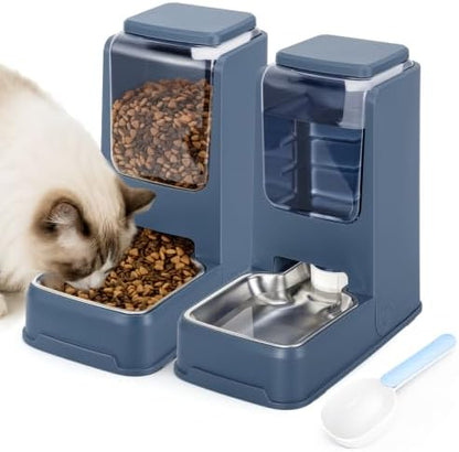 2 Pack Automatic Cat Feeder Stainless Steel Gravity Food and Water Dispenser for Small Medium Kitten Puppy Pets (Blue)