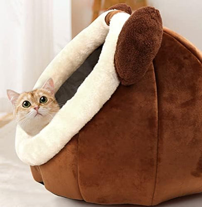 Cat Beds for Indoor Cats -Bear Animal-Shaped Cat Cave Bed with Toy,Brown L
