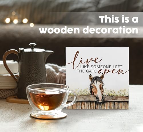 Horse Signs - Farm Cottagecore Animal Office Kitchen Bedroom Decor,Rustic Farmhouse Live like Someone Left the Gate Open Home Decor Wooden Signs,Horse Gifts for Women,8x8