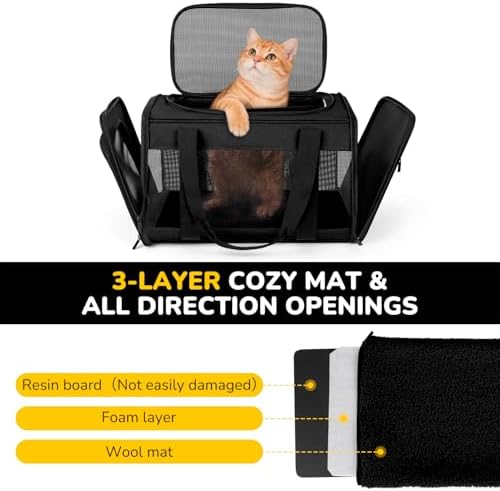 Hipubby Cat Carrier Dog Carrier for Pets Up to 16 Lbs, Soft-Sided Pet Travel Carrier for Cats and Small Dogs, Airline Approved Pet Carrying Case with Shoulder Strap & Removable Mat - Black