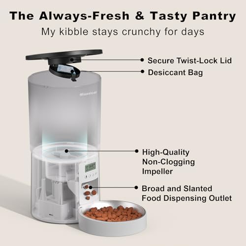 Automated Cat Feeder,Clear 4.2L Dry Food Dispenser with Single Bowl,Programmable Timed Pet Feeder for Up to 6 Daily Meals,10-Second Voice Message & Dual Power Backup (White, 4.2L Press Version)