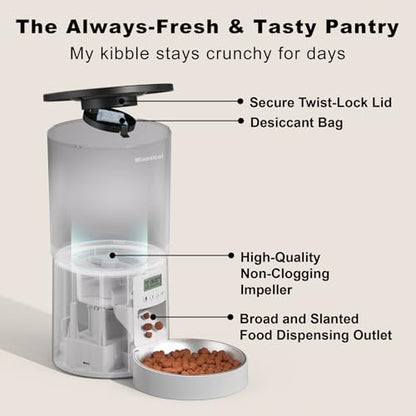 Automated Cat Feeder,Clear 4.2L Dry Food Dispenser with Single Bowl,Programmable Timed Pet Feeder for Up to 6 Daily Meals,10-Second Voice Message & Dual Power Backup (White, 4.2L Press Version)