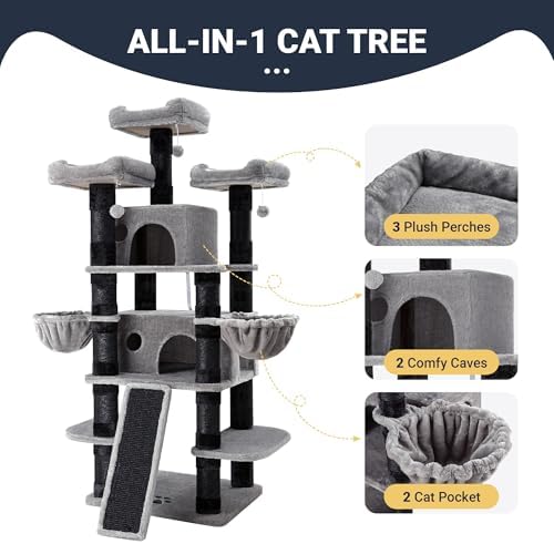 Allewie 68 Inches Cat Tree/House and Towers for Big Feline/Scratching Post/Multi-Level Large Kitty Climbing Tree with Condo/Black & Grey