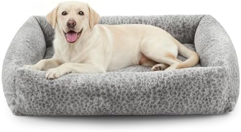 JOEJOY XL Dog Beds Large Sized Dog, Removable Washable Cover Orthopedic Soft Faux Rabbit Fur Pet Bed, Anti-Slip Fluffy Plush Faux Rabbit Fur Puppy Bed, 42"x36"x9", Leopard Print, Grey