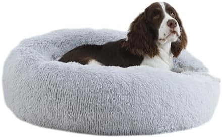 Bunlitent 30 inch Donut Dog Bed, Calming Dog Bed for Medium Sized Dog, Grey
