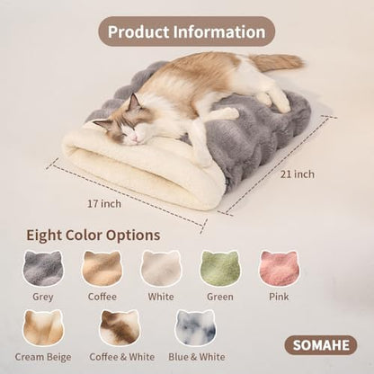 SOMAHE Cat Sleeping Bag for Indoor Cats, Faux Fur Pet Cave Bed & Burrow Nest, Reversible Plush Snuggle Sack, Portable Foldable Mat, Machine Washable, Anti-Static, 21.7"x17.7" Beige