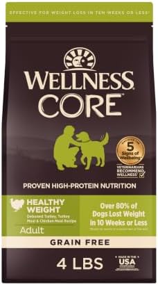 Wellness CORE Healthy Weight Adult Dry Dog Food, Grain Free Kibble, Natural, High Protein, Turkey and Chicken Recipe, 4 lb Bag