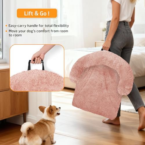 GGIB Calming Dog Bed Fluffy Plush Dog Mat for Furniture Protector with Removable Washable Cover for Large Medium Small Dogs and Cats (XS (31"x23.5"x5"), Pink)