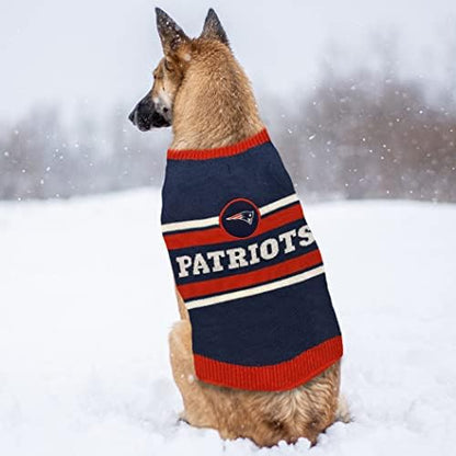 NFL New England Patriots Dog Sweater, Size Medium. Warm and Cozy Knit Pet Sweater with NFL Team Logo, Best Puppy Sweater for Large and Small Dogs
