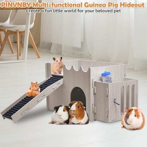 PINVNBY Large Wooden Guinea Pig Hideout with Water and Hay Feeder Ramp Easy to Assemble Wood Bunny Castle Hamster House for Small Animal Chinchilla Rat Rabbit Bunny Hedgehog