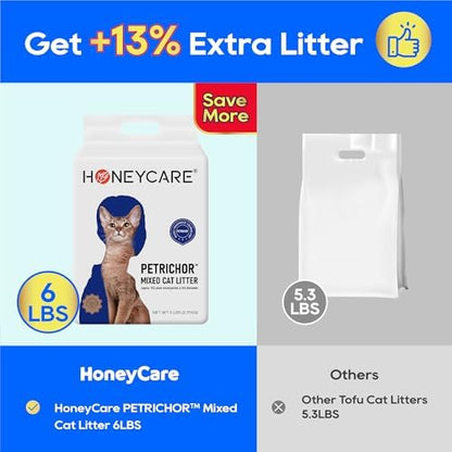 HONEY CARE Petrichor Mix Cat Litter I Tofu Cat Litter I Nature Plant-Based Pellets and Bentonite Sustainable I Low-Dust Qucik Clumping Superior Odor Control, 6 Lbs (Pack of 6)