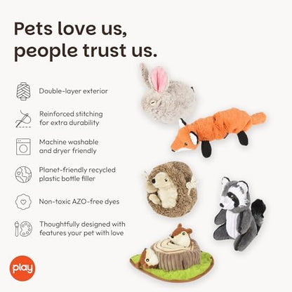 P.L.A.Y. Cute Plush Dog Toys - Forest Friends Critter Themed Durable Squeaker Crinkle Chew Toys, Great for Puppies & Small, Medium, Large Dogs - Machine Washable, Recycled Materials (5 Piece Set)