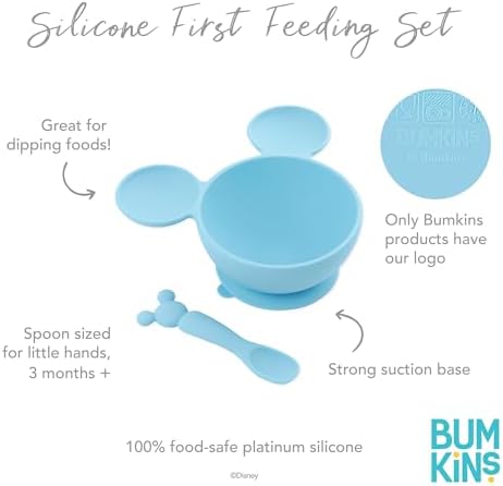 Bumkins Disney Baby Bowl, Silicone Feeding Set with Suction for Baby and Toddler, Includes Spoon and Lid, Essentials for Baby Led Weaning,for Babies 4 Months, Mickey Mouse Light Blue