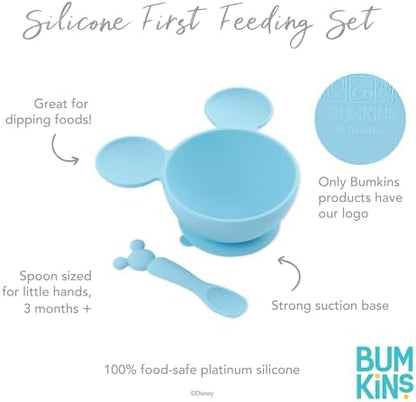Bumkins Disney Baby Bowl, Silicone Feeding Set with Suction for Baby and Toddler, Includes Spoon and Lid, Essentials for Baby Led Weaning,for Babies 4 Months, Mickey Mouse Light Blue