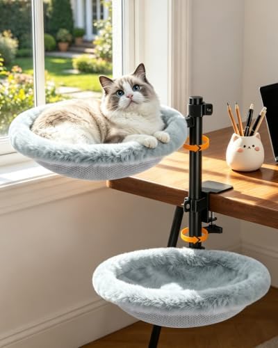 Double Cat Desk Bed, Purrlato Lockable 360° Swivel, Steel Frame, 15.7-Inch