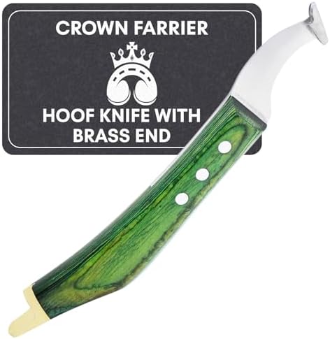 – Super Sharp Hoof Knife with Brass End | Precision-Sharpened Stainless Steel Blade & Wooden Handle | Pro Farrier Hoof Trimming Tool for Horses & Equine (Green, Left-Hand)