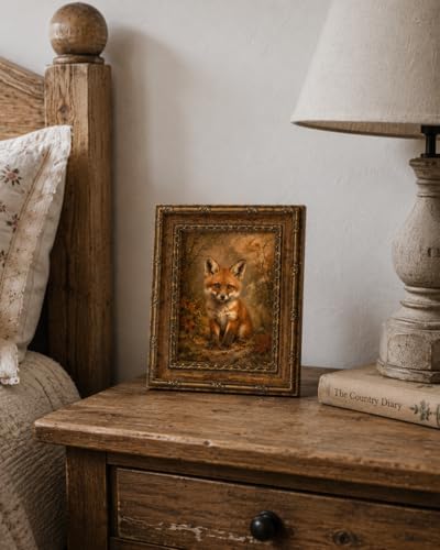 Framed Vintage Style Wall Art Cute Fox in a Rustic Forest Setting Canvas Print Poster Farmhouse style artwork suitable for bedroom or living room 8x10 inches ready to hang or display on a tabletop