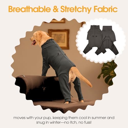 Recovery Suit for Large Dogs, Adjustable Dog Onesie, Grey, XL