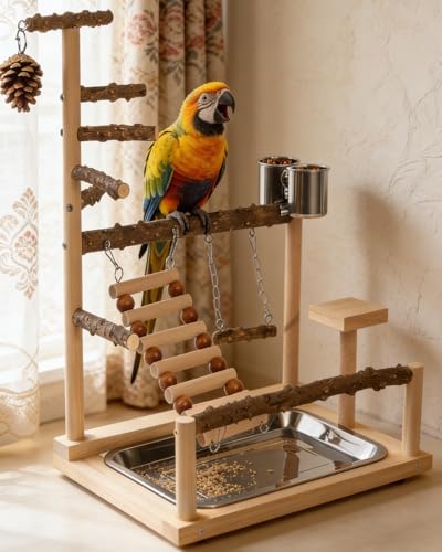 Natural Wooden Bird Playground Set - Bird Cage Accessories with Perches, Ladder & Swing, Safe Natural Wood Activity Center for Small to Medium Birds (Parakeet, Conure, Budgie, Cockatiel)