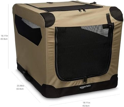 Amazon Basics Portable Folding Soft Dog Crate, 2-Door, Collapsible Travel Kennel, Top & Front Loading, Small 26" x 18" x 18", Tan