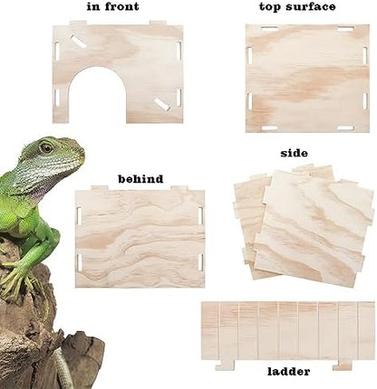 Large Bearded Dragon Hide Cave, Wooden Lizard Hideout with Climbing Ramp, Reptile Habitat with Basking Platform, Tank Accessories for Bearded Dragon Lizard Chameleon Hamster 11.3 x 9.1 x 7.1 Inch