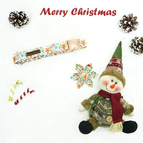 Dog Collar Christmas Winter Gingerbread Man Print Pet Collar Soft Cute Dog Collars with Flower Adjustable Metal Buckle Collar for Small Dogs