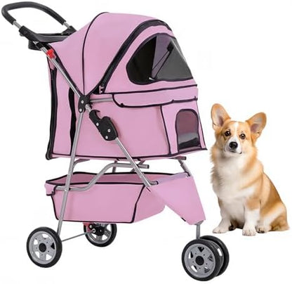 BestOffice Pet Stroller for Small Medium Dogs & Cats, 3-Wheel Foldable Dog Stroller with Cup Holder, Lightweight Travel Carrier, Waterproof Design for Outdoor Walks, Pink