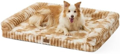 COZY KISS Ultra Soft Faux Rabbit Fur Dog Bed for Large Dogs – 44"x32" Orthopedic Foam Couch, Removable Washable Cover & Waterproof Lining, Tie-Dye Brown