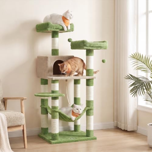 Feandrea Cat Tree, 55.8-Inch Tall Cat Tower, Grass Green and Camel Brown