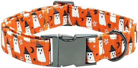 Dog Collars, Halloween Pet Collars Fall Dog Orange Ghost Print Pet Durable Metal Collar Cute Boy Girl Dog Collars Adjustable Puppy Collar for X-Small Dogs