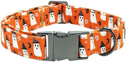 Dog Collars, Halloween Pet Collars Fall Dog Orange Ghost Print Pet Durable Metal Collar Cute Boy Girl Dog Collars Adjustable Puppy Collar for X-Small Dogs