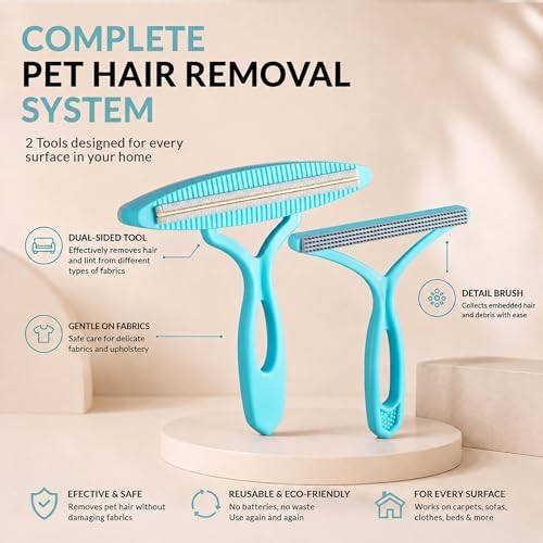 2 Pack Set Pet Hair Removal Tool – Dual-Head Copper & Plastic Scraper for Carpet, Furniture & Car, Reusable Lint Remover for Embedded Dog & Cat Hair