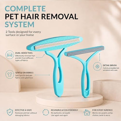 2 Pack Set Pet Hair Removal Tool – Dual-Head Copper & Plastic Scraper for Carpet, Furniture & Car, Reusable Lint Remover for Embedded Dog & Cat Hair
