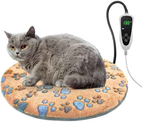 GOLOPET Cat Heating Pad, 16 in Round Heated Bed Smart Thermostatic Switch, Add Wire Rope Cat Carpet Puppy Whelping Supplies, Comes with a Plush Cloth Cover - Apricot
