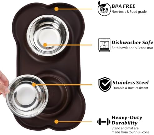 Hubulk Pet Dog Bowls 2 Stainless Steel Dog Bowl with No Spill Non-Skid Silicone Mat + Pet Food Scoop Water and Food Feeder Bowls for Feeding Small Medium Large Dogs Cats Puppies (Large, Chocolate)