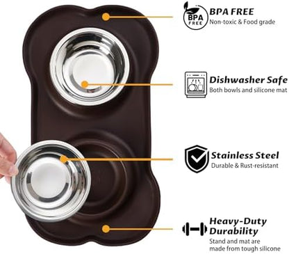 Hubulk Pet Dog Bowls 2 Stainless Steel Dog Bowl with No Spill Non-Skid Silicone Mat + Pet Food Scoop Water and Food Feeder Bowls for Feeding Small Medium Large Dogs Cats Puppies (Large, Chocolate)