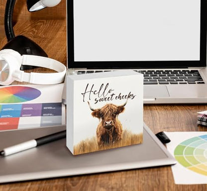 Highland Cow Bathroom Decor Sign, Hello Sweet Cheeks Wooden Box Signs, Highland Cow Gifts For Women Lovers,6x6