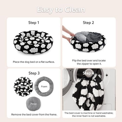 JOEJOY Jacquard Donut Round Dog Beds Medium Sized Dog,Black 30x30x8in, Removable Washable Cover, Cute Pattern, Ultra Soft Fluffy Calming Pet Bed with Thick Supportive Bolster